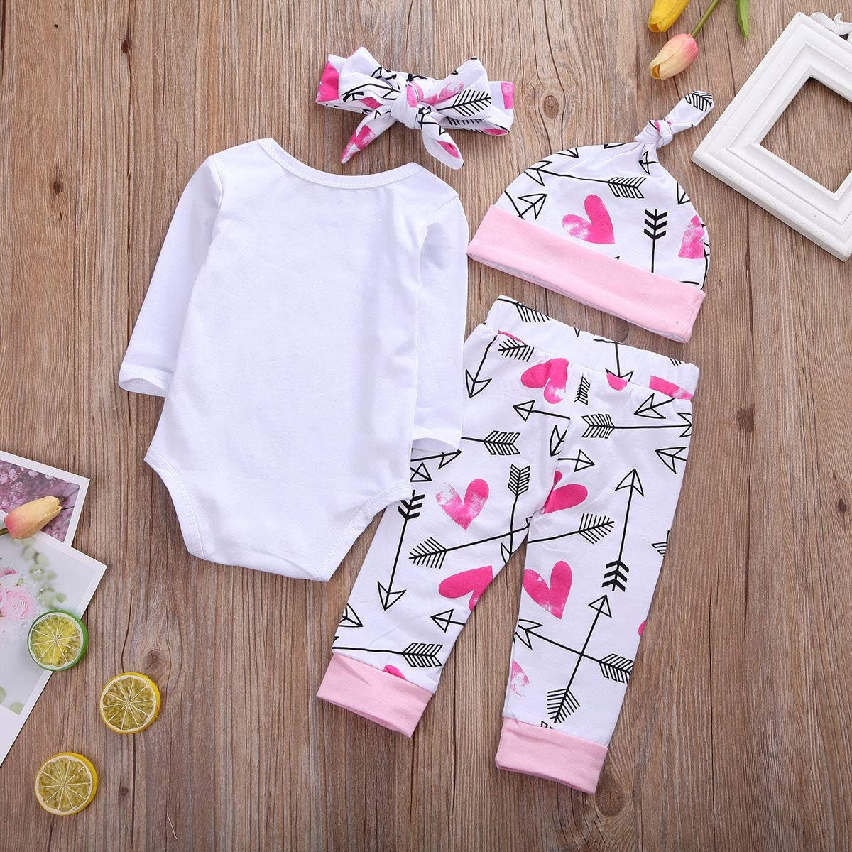 4Pcs Newborn Baby Girls Outfit Set Auntie'S Bestie Romper Arrow Pants Hat Headband Clothing Set